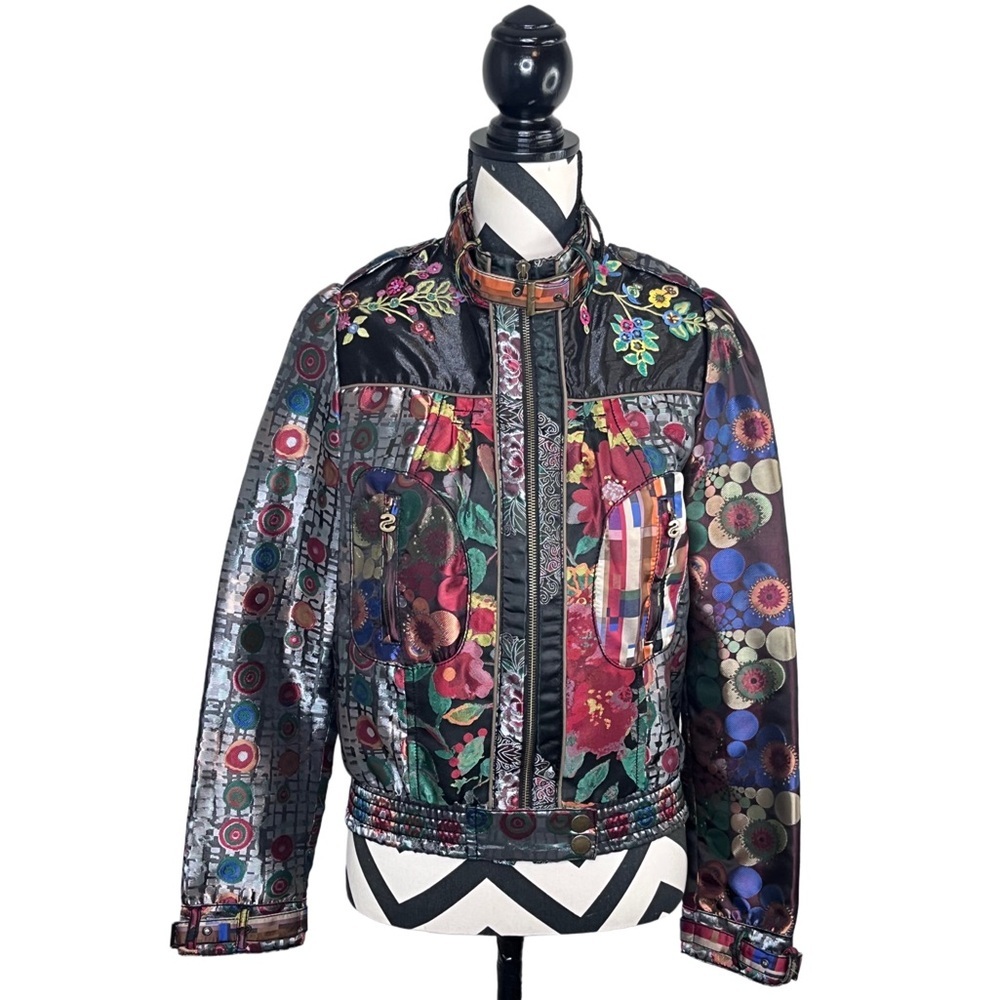 Desigual Black Multicolor Floral Patchwork Bomber Jacket with Embroidery